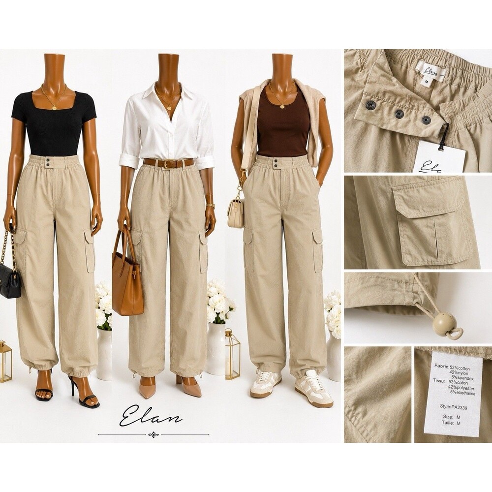 Elan Womens Cargo Dress Pants Size M Beige Khaki Wide Leg Pull On Utility NWT